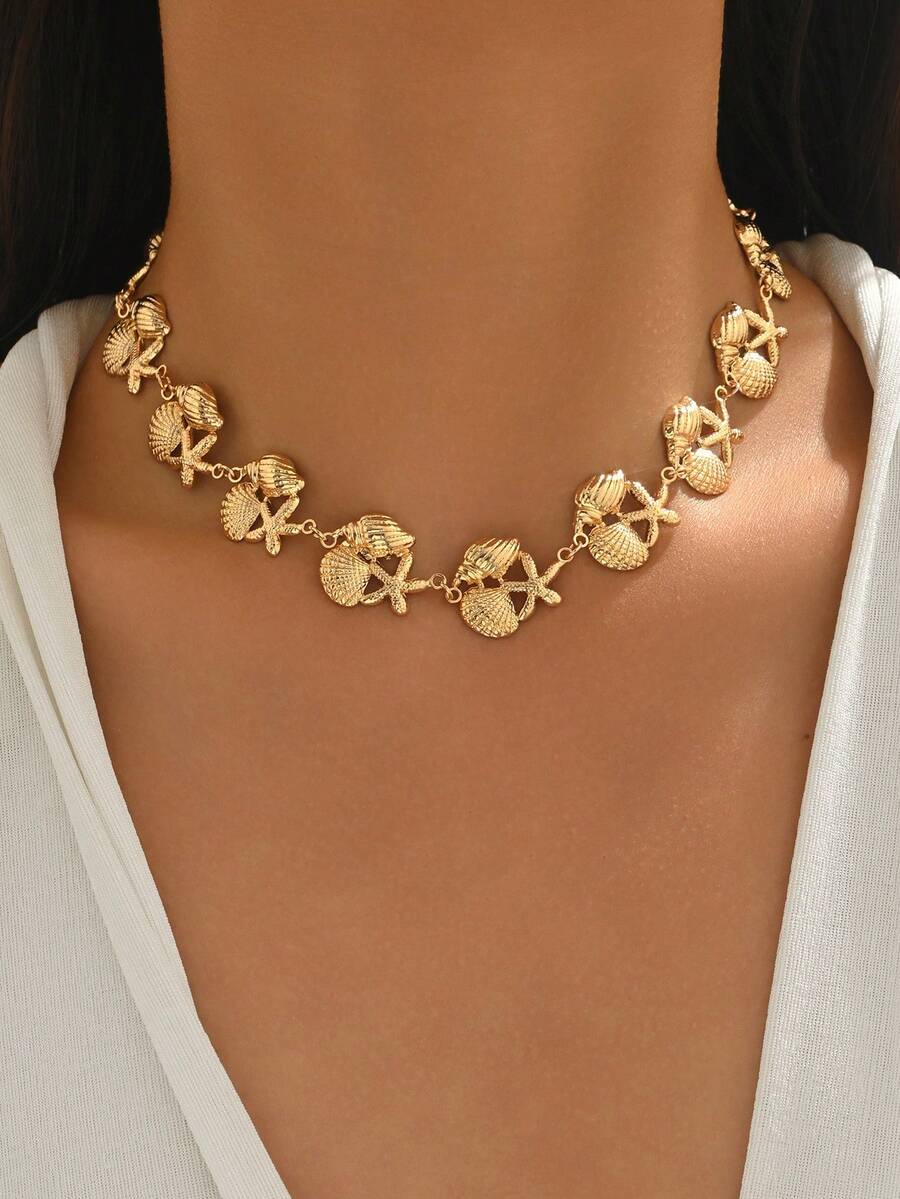 1pc Creative Design Metal Asymmetrical Starfish Shell Necklace, Fashionable Versatile Gold Collarbone Chain, Vacation Style Women's Neck Jewelry, Suitable For Daily Wear, Dates, Parties And Music Festivals - Gold - View 1