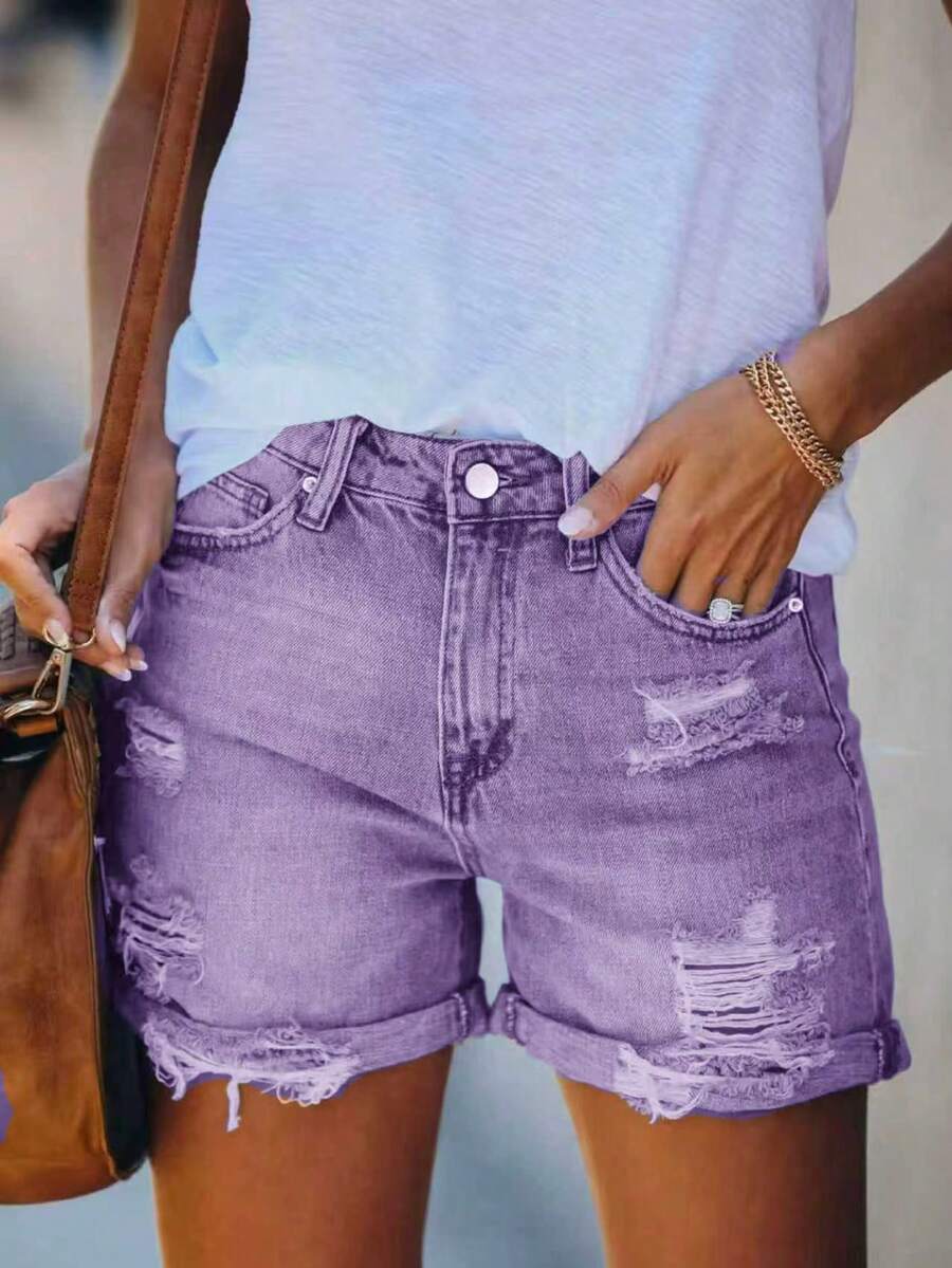 Women's Casual Distressed Denim Shorts With Chain Detail, Straight Leg Non-Stretch Denim Shorts, Suitable For Summer Wear - Mauve Purple - View 1