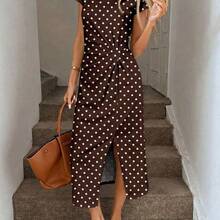 guang zhou mi qian shang mao  Vestido midi casual de mujer con estampado de lunares, cintura retorcida y abertura alta sin mangas; Vestido ajustado texturizado casual de mujer; Conjunto de fitness de mujer; Vestido de invitada de boda de mujer; Atuendo de oficina de mujer - Multicolor - Ver 4