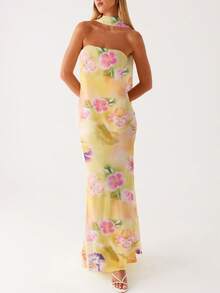 Womens Floral Strapless Dress Y2k Backless Sleeveless Tube Maxi Long Dresses Sexy Mesh Bodycon Summer Beachwear - 綠色 - 查看 2