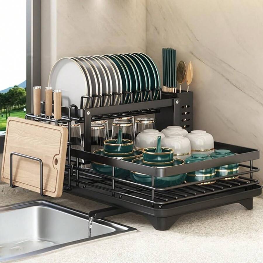 YEHUARIS Escurridor de Trastes Acero Inoxidable 2 Niveles - Organizador Auto Drenante para Fregadero Cocina Hogar (Negro) | Compacto y Durable - 30 cm x 26 cm x 24 cm - Ver 1