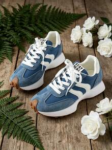 Frenchy Style Women's Retro Sneakers, White & Beige Colorblock Lace-Up Casual Shoes, Versatile Daily Wear Trainers - 藍色 - 查看 6
