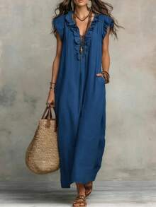 Women's Bohemian Linen Blend Maxi Dress Ruffled Trim V-Neck With Flutter Sleeves Side Pockets Loose Casual Summer Dress - 藍色 - 查看 1