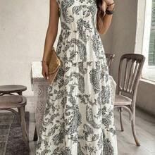 dagjydgfyja  Vestido casual de vacaciones y citas con cuello en V, cintura fruncida y estampado de flores de anacardo para mujer - Blanco y Negro - Ver 2