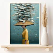 1 pieza Póster de arte minimalista retro Art Deco sin marco de una chica con sombrero y pez, decoración de pared de lienzo con tema de moda para el hogar, oficina, sala de estar, dormitorio, comedor, decoración del hogar - A - Ver 1