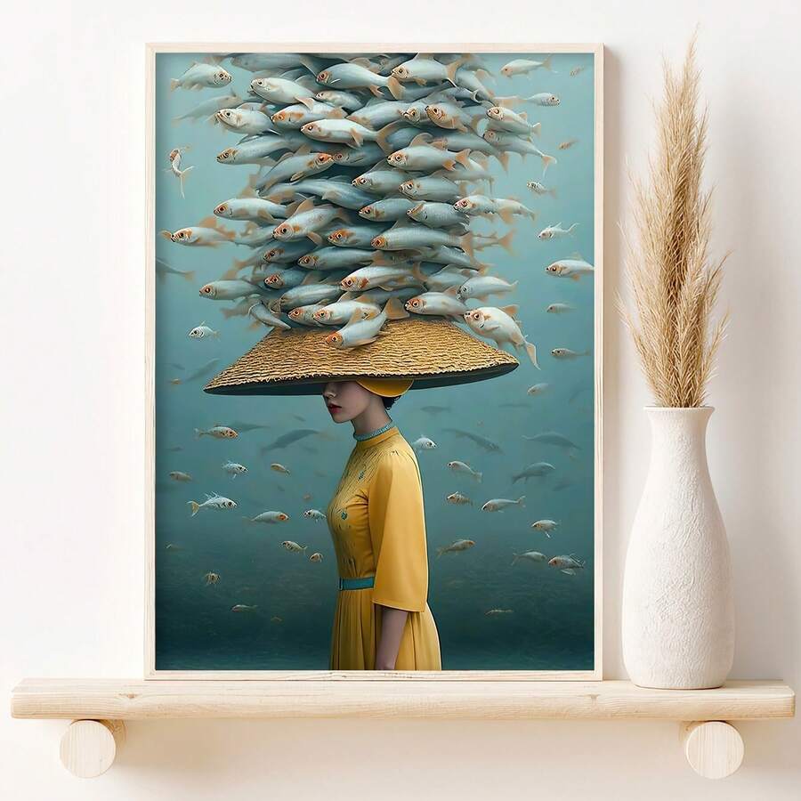 1 pieza Póster de arte minimalista retro Art Deco sin marco de una chica con sombrero y pez, decoración de pared de lienzo con tema de moda para el hogar, oficina, sala de estar, dormitorio, comedor, decoración del hogar - A - Ver 1