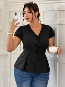 Blouse décontractée polyvalente à encolure en V et garniture en dentelle pour femmes grandes tailles, convenant pour le printemps/l'été/l'automne. Hauts élégants, tenues de vacances, chemises décontractées, hauts noirs - Noir - Voir 7