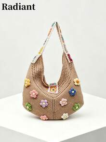 Novo Lançamento de Verão Estilo de Férias Moda Casual Bolsa de Palha, Bolsa de Ombro de Grande Capacidade para Compras de Mulheres - Caqui - Visão 13