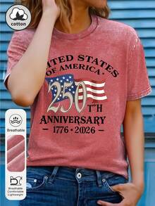 Plus Size Women's Summer Vacation Casual American July 4th Independence Day Print Round Neck Short Sleeve Red Washed T-Shirt - Red - View 2