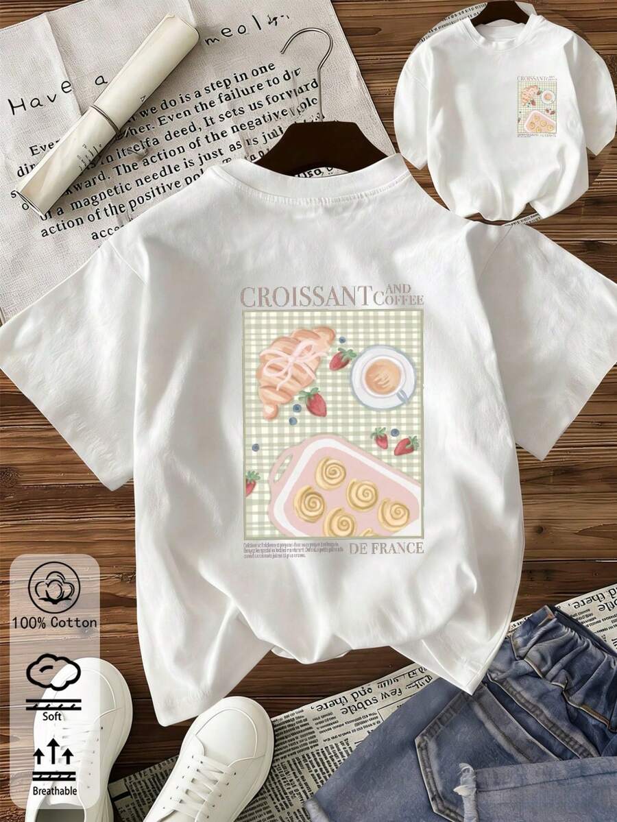 1 styck, 100 % bomull, lös t-shirt, sommart-shirt med kort ärm och rund hals, överdimensionerad vår-/sommartopp, kortärmade t-shirts för kvinnor, slogan God morgon med tryck med croissant, kaffe, jordgubbar och mattema, enfärgad rund hals, mjuk och bekväm, avslappnad, streetwear, Y2K, strand, examen, semester, sommartopp, vår, t-shirt, gym, sport, festtopp, vintage, karneval, San, Maija, damblusar, damsommarkläder, våroutfit, roliga semester-t-shirts, strand, avslappnad, söta blusar, vit blus, sommarblusar, damvårblusar, damkläder för påsk, karneval, alla årstider, kontor/vardagsrum/hem/minimalist, västerländsk damoutfit, sommar, musikfestival, vit skjorta, t-shirt i sommarstil - Vitt - Visa 1