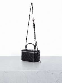 CHICVUE 1pc Fashionable PU Quilted Embroidered Box Bag, Versatile Zipper Closure Small Square Handbag With Chain Strap For Women - Black - View 2