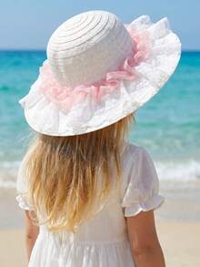1 Stück Mädchen Kinder Strohhut, beiger Mesh Stroh Strandhut, Sommer Sonnenhut, leicht atmungsaktiv mit breiter Krempe, für Urlaub/Feiertage Strand/Meeresküste Outdoor Sport, passt für Kinder im Alter von 3--8 Jahren - 1PC - Übersicht 2