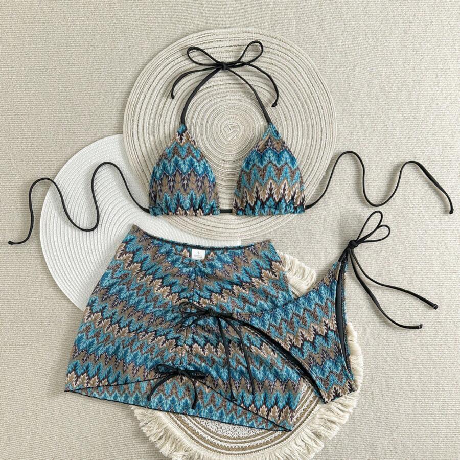 New Three-Piece Swimsuit Set With Embroidery And Gradient, Very Sensual - 孔雀藍 - 查看 1