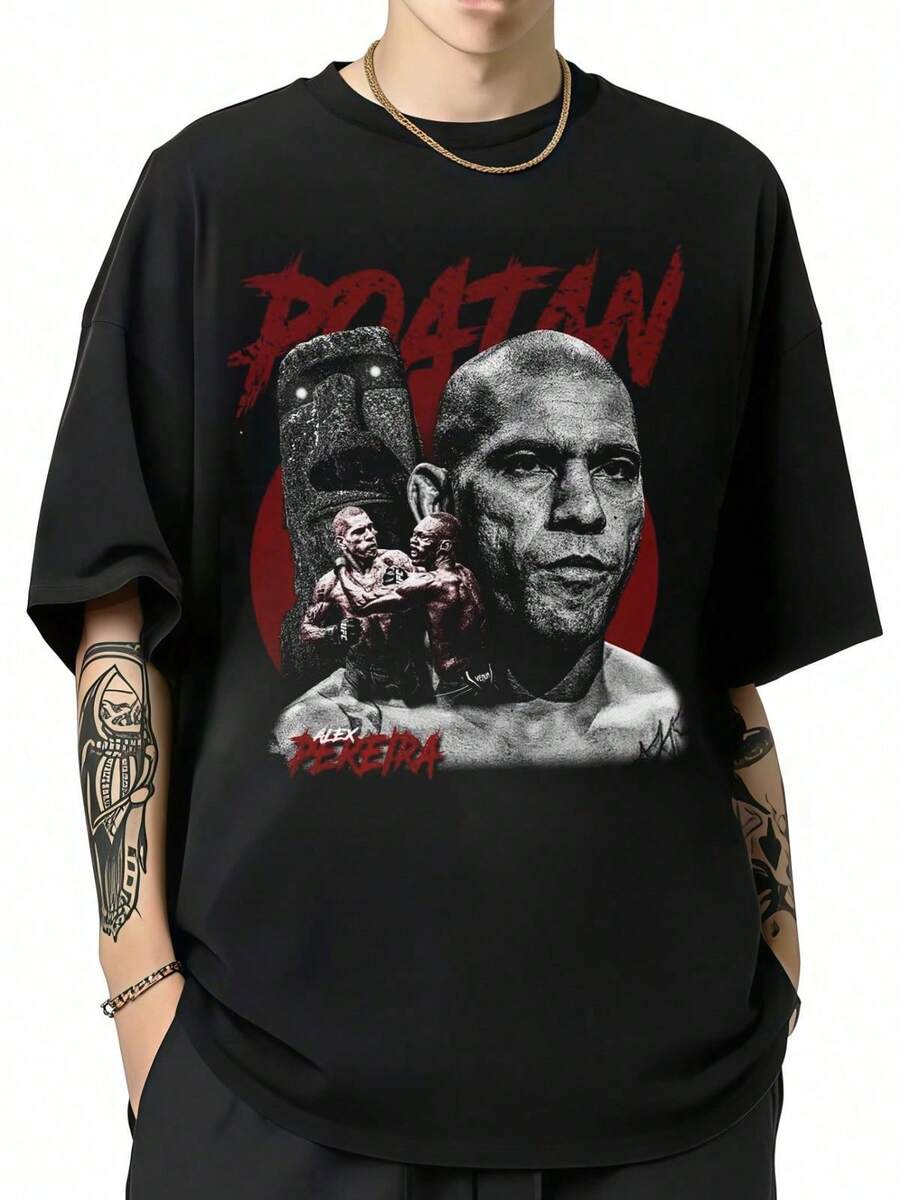 Fighter Graffiti Print Short Sleeve Loose Oversize Street T Shirt Boxing-Themed Print Same Style For Men And Women Suitable For Daily Commuting / Gym / Friend Gathering/ Fighting Event / Daily Wear - 黑色 - 查看 1