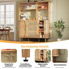 High-End Rattan-Look Sideboard With Sliding Glass Doors, 174.5 Cm High Kitchen Unit With Storage Space, Natural Wood/Walnut Finish, Load Capacity Up To 60 Kg - 查看 4