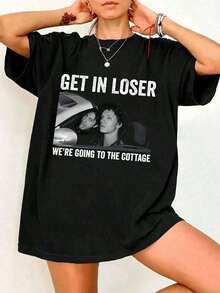 Women's Vintage Summer T-Shirt "Get In Loser, We're Going The Cottage" Shane And Ilya Print, Shane Hollander Heated Rivalry, Shane Hollander And Ilya Rozanov's Heated Rivalry, Classic T-Shirt, Pure Cotton Vacation Shirt. - Back - View 1