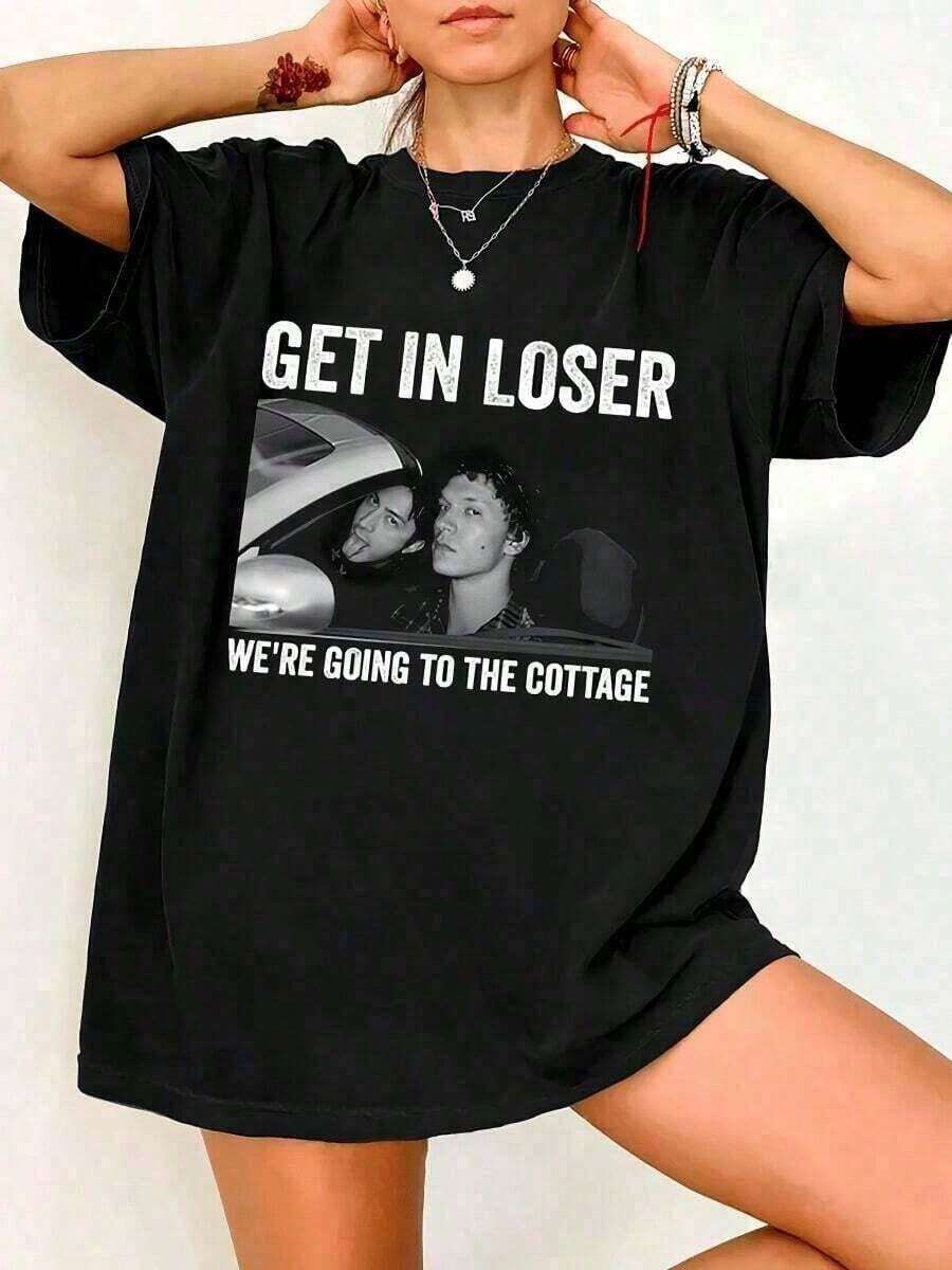 Women's Vintage Summer T-Shirt "Get In Loser, We're Going The Cottage" Shane And Ilya Print, Shane Hollander Heated Rivalry, Shane Hollander And Ilya Rozanov's Heated Rivalry, Classic T-Shirt, Pure Cotton Vacation Shirt. - Back - View 1