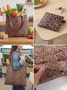 Bolsa de compras reutilizable con estampado de leopardo en tono beige claro, bolsa de gran capacidad plegable - Caqui - Ver 7