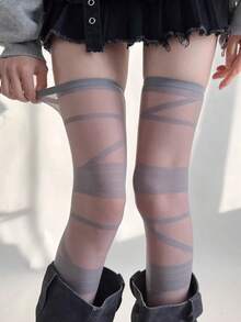 1雙Y2K哥德龐克透明過膝襪，女款 - 交叉綁帶條紋網眼襪，龐克美學性感彈性透明網眼過膝襪，適合舞蹈、節慶和Cosplay - 彩色 - 查看 9
