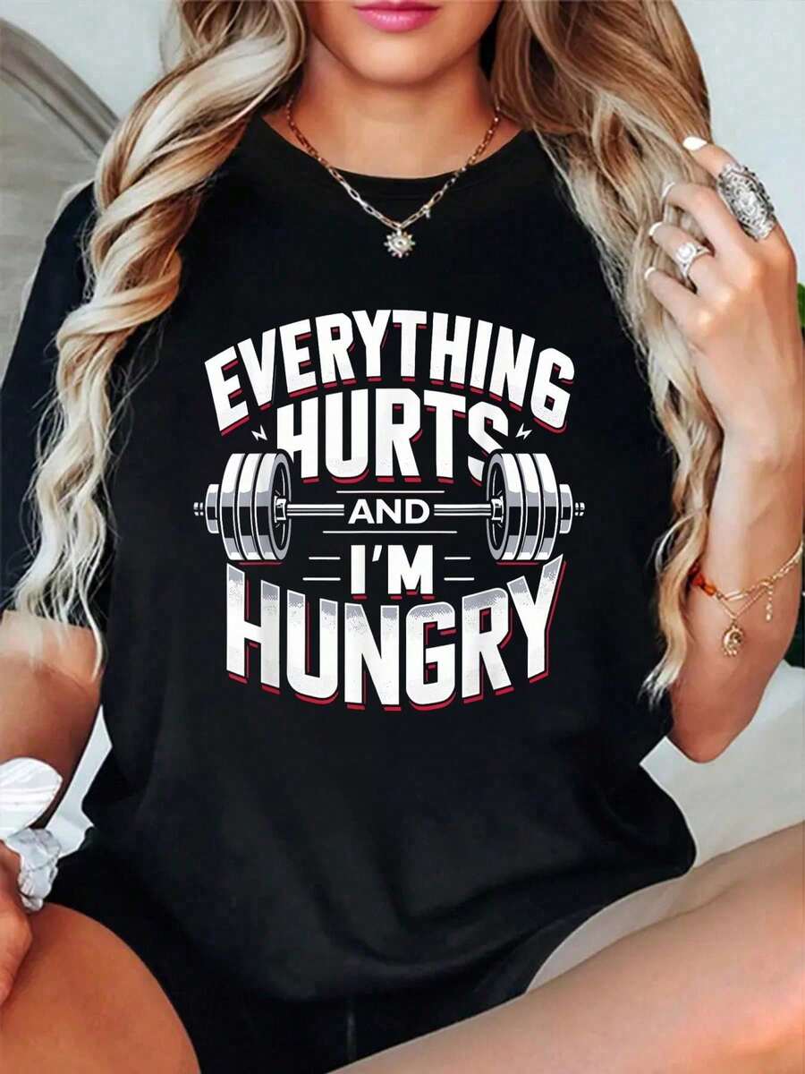 100% Cotton Everything Hurts And I'm Hungry Funny Workout Gym Fitness T-Shirt - 黑色 13 - 查看 1