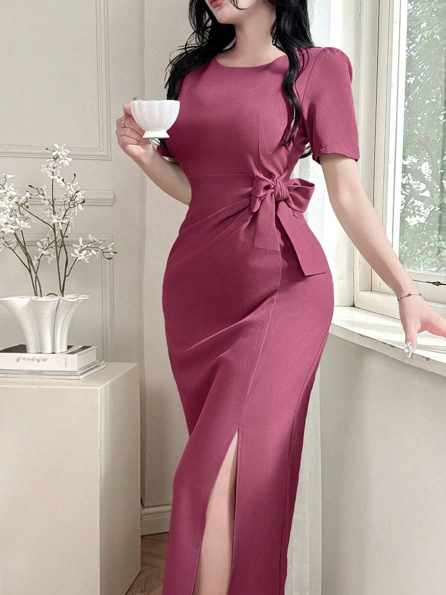 xheDAZY Vestido maxi de verano para mujer con lazo decorativo y pliegues con abertura frontalxhe - Rosa Fucsia - Ver 1