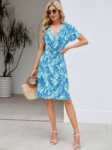Womens Summer Dresses For Women 2026 Spring Floral Sundress Short Sleeve V Neck Wrap Dress With Pockets Festival Outfits Elegant Dress For Women Dress For Women - 11 藍葉花卉 - 查看 5