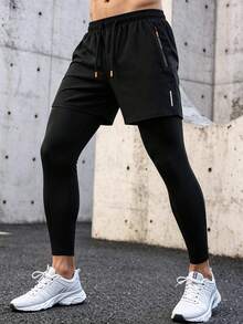 Men's 2-In-1 Compression Running Pants, Moisture-Wicking Outdoor Fitness Tights With Zipper Pockets, Suitable For Gym Training And Hiking Sports Black - Black - View 7