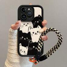1 pieza Funda de teléfono con diseño de gato negro y gato blanco pintado con UV, linda y de moda, con cordón trenzado negro y blanco, borde elevado a prueba de golpes, compatible con Ip17 16 15 14 13, S26 S25 S24, Honor 400Lite 200Pro Honor A5 X9 X8 X6 9x, Smart6/7/8/9/10, 14T Xiaomi15T Pro - Ch negro - Ver 6