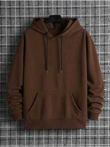 Blusa De Frio Moletom Liso Bolso Capuz Estilo Canguru Moleton Casual Casaco Algodão Quente Confortável Inverno - Marrom - Visão 1
