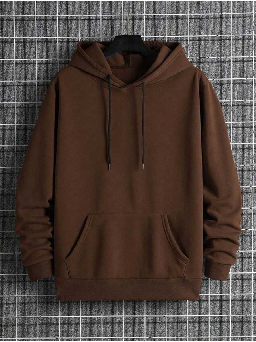 Blusa De Frio Moletom Liso Bolso Capuz Estilo Canguru Moleton Casual Casaco Algodão Quente Confortável Inverno - Marrom - Visão 1