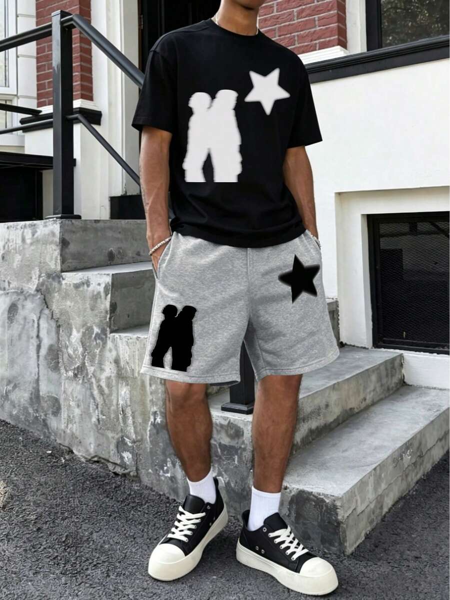 American Hip-Hop Style Distressed Star Print Short Sleeve 2 Pieces Set For Men, Summer Casual Sports Outfit - Multicolor - View 1
