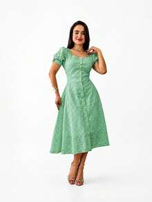Women's VALENTINE Midi Dress, Green, With Puff Sleeves And Front Buttons, A-Line Style. - Verde Pastel - Ver 1