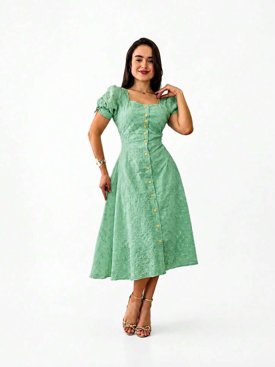 Women's VALENTINE Midi Dress, Green, With Puff Sleeves And Front Buttons, A-Line Style. - Verde Pastel - Ver 1