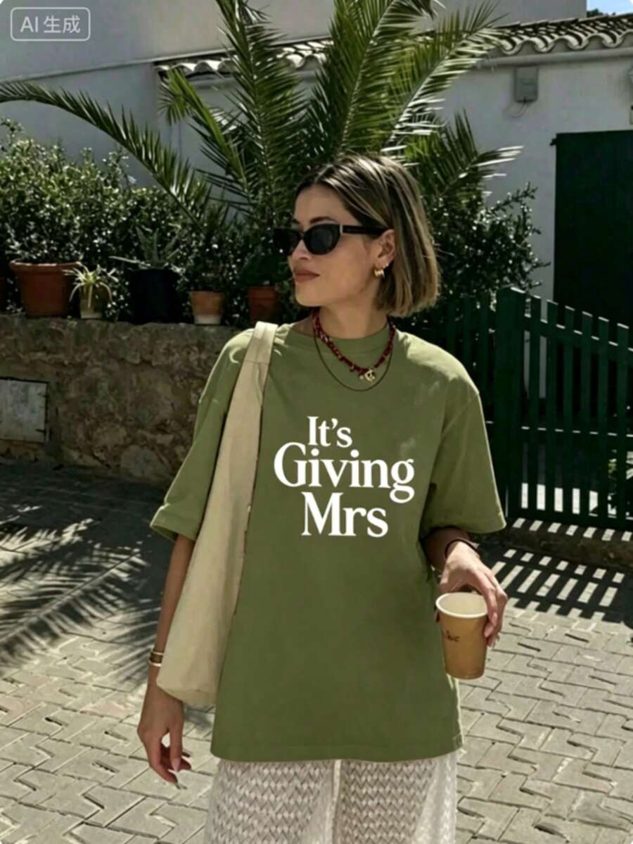Bachelorette T Shirts Women,Its Giving Mrs Bride To Be Engagement Top,Summer Print Round Neck Short Sleeve,Graphic Tees,Cute,Party Outfit - 綠色 - 查看 1