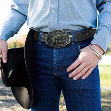 【Western Retro Belt】中性嘻哈釣魚愛好者西式復古腰帶－不對稱圖案雕花長角牛頭平滑扣頭腰帶－搖滾風牛仔褲搭配款 - 彩色 - 查看 4
