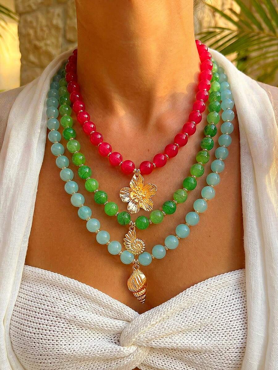 BOHO 3 pezzi/1 pezzo Set di collane vintage francesi eleganti alla moda hip-hop bohémien stile vacanza con perline colorate luccicanti rosso rosa verde blu arancione con stella marina conchiglia conchiglia fiore, catena a Y personalizzata esagerata unica Y2K a strati catena clavicolare catena maglione, adatto per donne vacanza estiva spiaggia festa cena serale festival musicale appuntamento regalo uso quotidiano gioielli versatili - Multicolore - Visualizzare 1