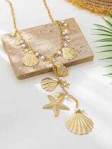 1 pieza Collar con colgante de estrella de mar y concha de perla con estilo oceánico, adecuado para uso diario y vacaciones de verano de mujeres - Amarillo Oro - Ver 3