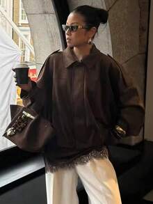 Women's Fashion Lightweight Baseball Jacket, Stand Collar, Zipper Pockets, All Season/Winter Suitable For Daily/Beach/Wedding/Graduation, Summer Coffee Color - Coffee Brown - View 11