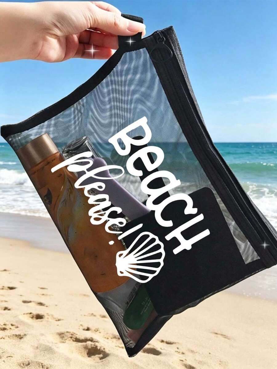 "Beach_please" 與海星圖案海灘網袋,便攜式口紅與氣墊粉撲化妝袋,沿海設計盥洗包,透明大容量旅行化妝收納袋,夏威夷風格網狀化妝袋,適合海灘度假,便攜購物袋,假期、健身、母親節禮物、情人節、教師與女性旅行、短途旅行及旅行必需品的理想選擇 - 彩色 - 查看 1