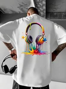 Camiseta de streetwear para hombre, con estampado de auriculares y grafiti, camiseta ligera de verano, adecuada para amantes de la música y entusiastas de la moda urbana, ropa casual, tela cómoda, camiseta para rave, camiseta para hombre. - Blanco - Ver 3