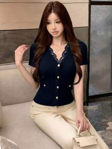 Lace Patchwork V-Neck Metal Button Short Sleeve Cardigan, Sexy & Elegant Knit Top, Spring/Summer - Navy Blue - View 3