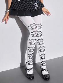 ROMWE Kawaii 1Pair Of Retro Fairy Tale Forest Animal Print Pantyhose - Polka Dot Deer And Seal Print Opaque Women's Pantyhose, Suitable For Y2K Fashion Style, Going Out To Wear, Parties, Shopping And Taking Pictures, Etc - 白色 黑色 - 查看 7