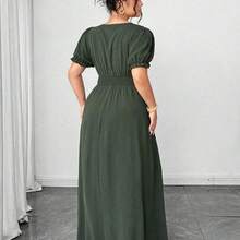 guangzhougaolangshangmao  Vestido largo con abertura lateral, cintura ceñida, manga abullonada y cuello en V para mujer talla grande, elegante y digno, para primavera/verano - Verde - Ver 3