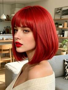 12 Inch Red Bob Wig With Bangs, Short Straight Heat-Resistant Synthetic Fiber Wig, Suitable For Party, Halloween And Daily Wear - Red - View 2