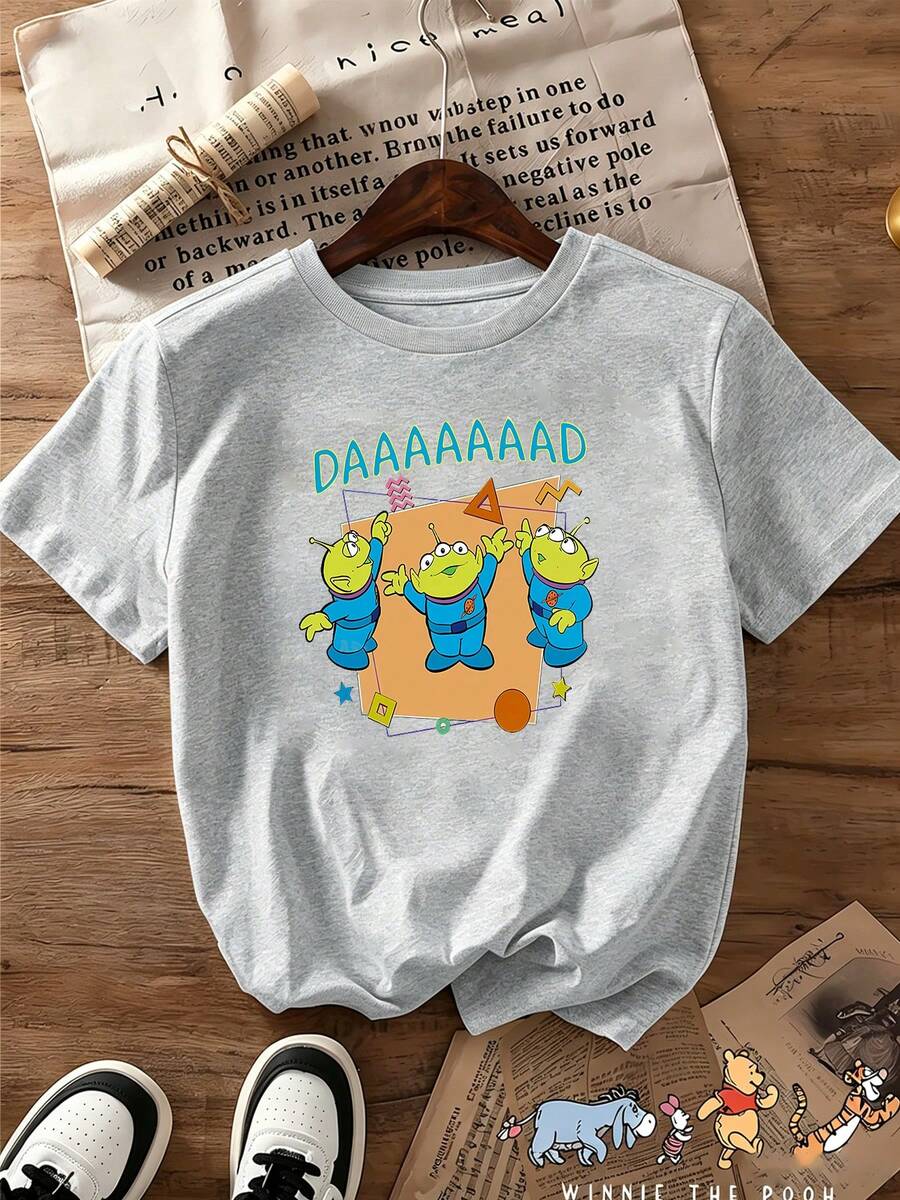 Breathable Cotton Disney Fan Tee | "Toy Story" Aliens With "DAAAAAAAD" Quote Print | Playful Short-Sleeve Shirt - Grey - View 1
