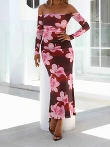 New Two-Tone Floral Print Off-Shoulder Dress - Burgundy - View 1