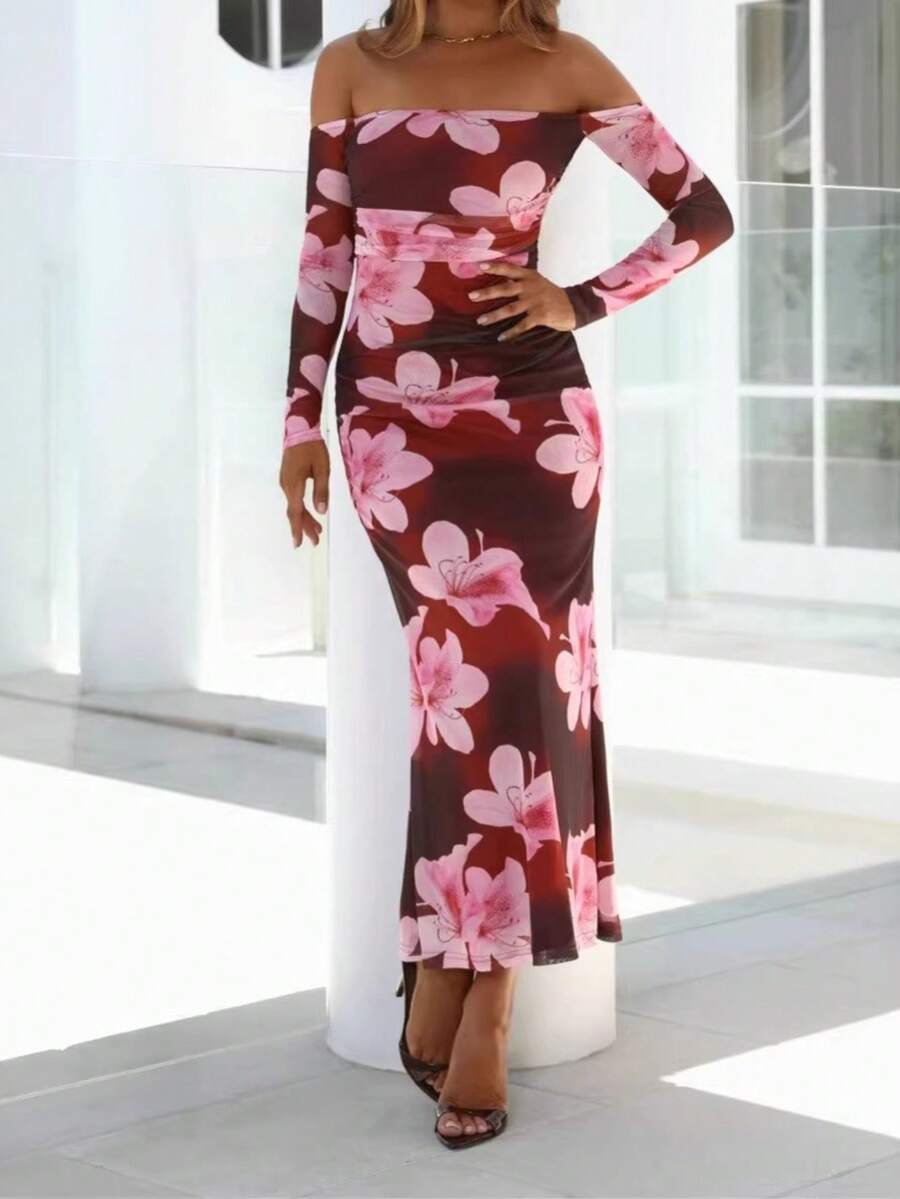 New Two-Tone Floral Print Off-Shoulder Dress - Burgundy - View 1