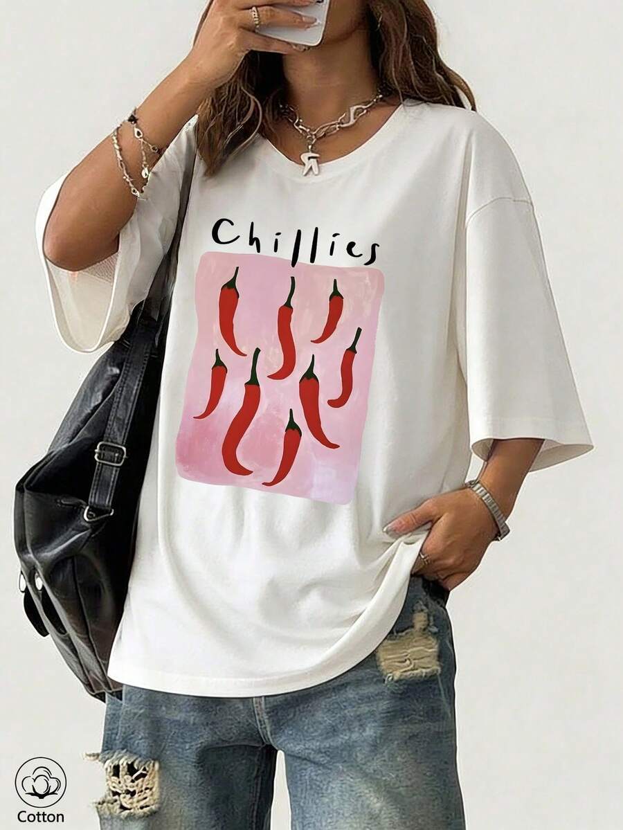 Casual Short-Sleeved Printed T-Shirt. 100% Cotton. 1 Pack. Spring/Summer 2025 Collection. Women's T-Shirt, Casual Style, Loose Fit, 100% Cotton, Breathable Fabric, Comfortable To Wear, Suitable For Everyday Wear, Unique Design. Short-Sleeved T-Shirt. Spring/Summer Top.