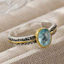 Vintage Light Blue Dual-Tone Zirconia Ring, Textured Design, Artistic Niche Style Accessory - Silver - View 11