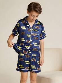 Tween Boy Blue Game Console Patterned Collar Short Sleeve Single-Breasted Shirt And Shorts Casual Pajama 2-Piece Set - Champagne - View 3